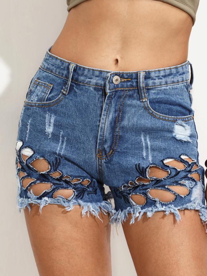 Romwe Blue Cutout Embroidered Raw Hem Denim Shorts