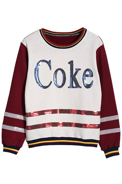 Romwe Sequin Coke Stitching Red Sweatshirt