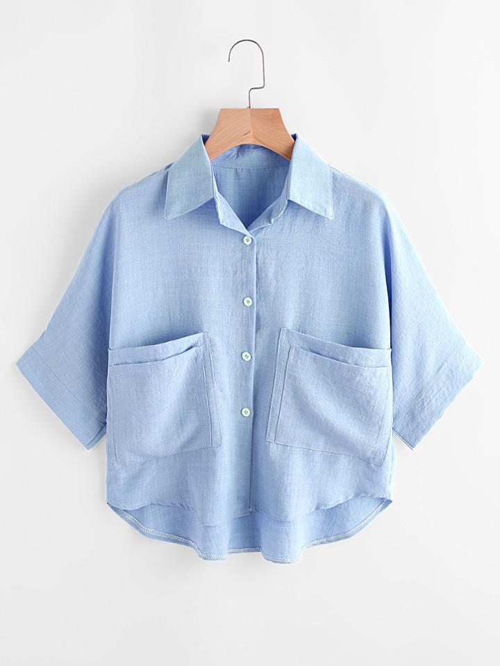 Romwe Dip Hem Blouse With Dual Chest Pocket