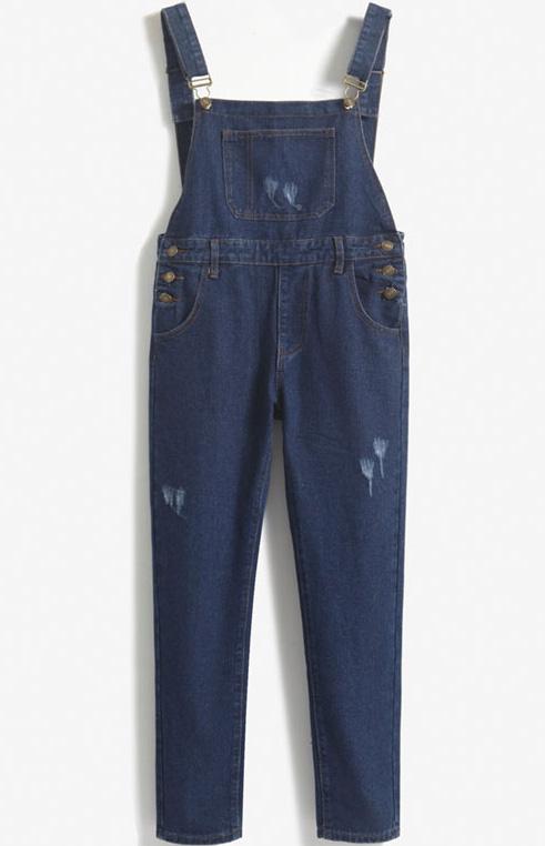 Romwe Strap Buttons Ripped Denim Jumpsuit