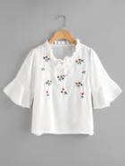 Romwe Floral Embroidered Self Tie Neck Blouse