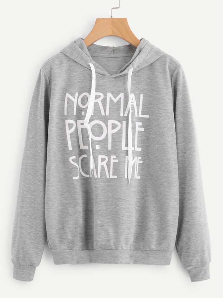 Romwe Slogan Print Drawstring Hoodie