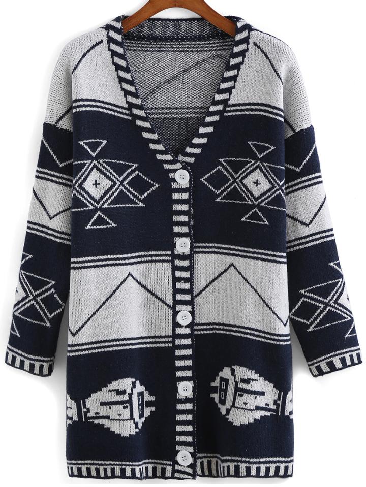 Romwe With Buttons Geometric Print Navy Cardigan