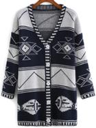 Romwe With Buttons Geometric Print Navy Cardigan