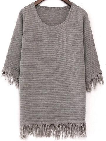 Romwe Round Neck Tassel Loose Grey Sweater