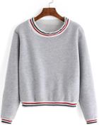 Romwe Grey Round Neck Striped Crop Sweatshirt