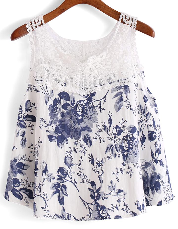 Romwe Lace Insert Flower Print Tank Top