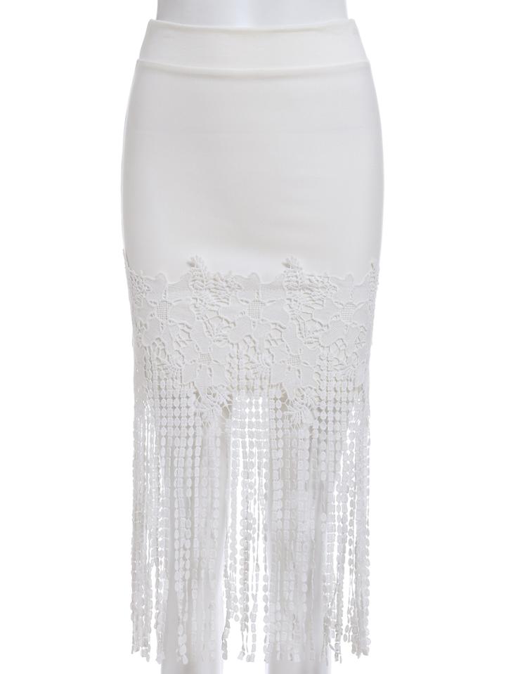 Romwe Lace Tassel Bodycon White Skirt