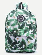 Romwe Green Leaf Print Embroidered Canvas Backpack