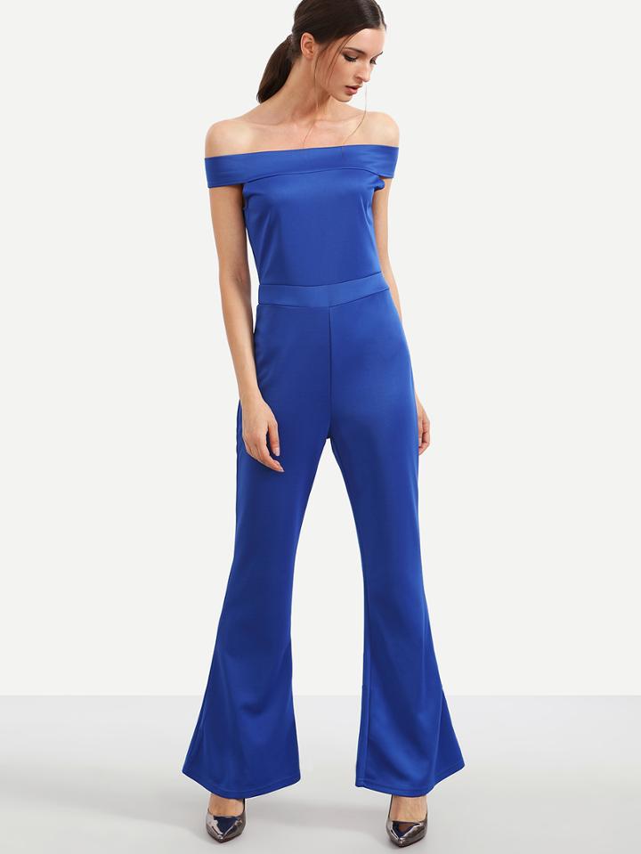 Romwe Plain Royal Blue Off The Shoulder Bell Bottom Jumpsuit