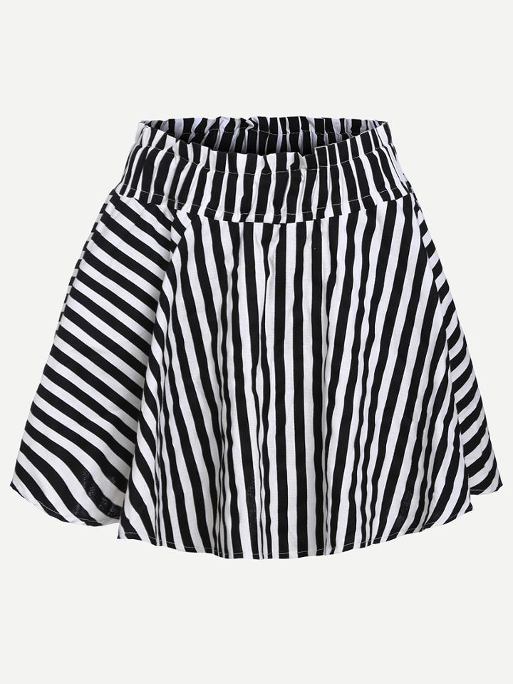 Romwe Black White Striped Flare Mini Skirt