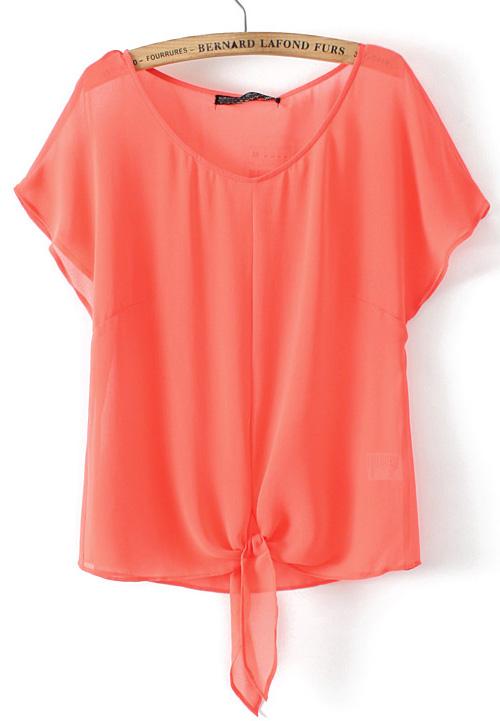 Romwe V Neck Batwing Knotted Orange Blouse