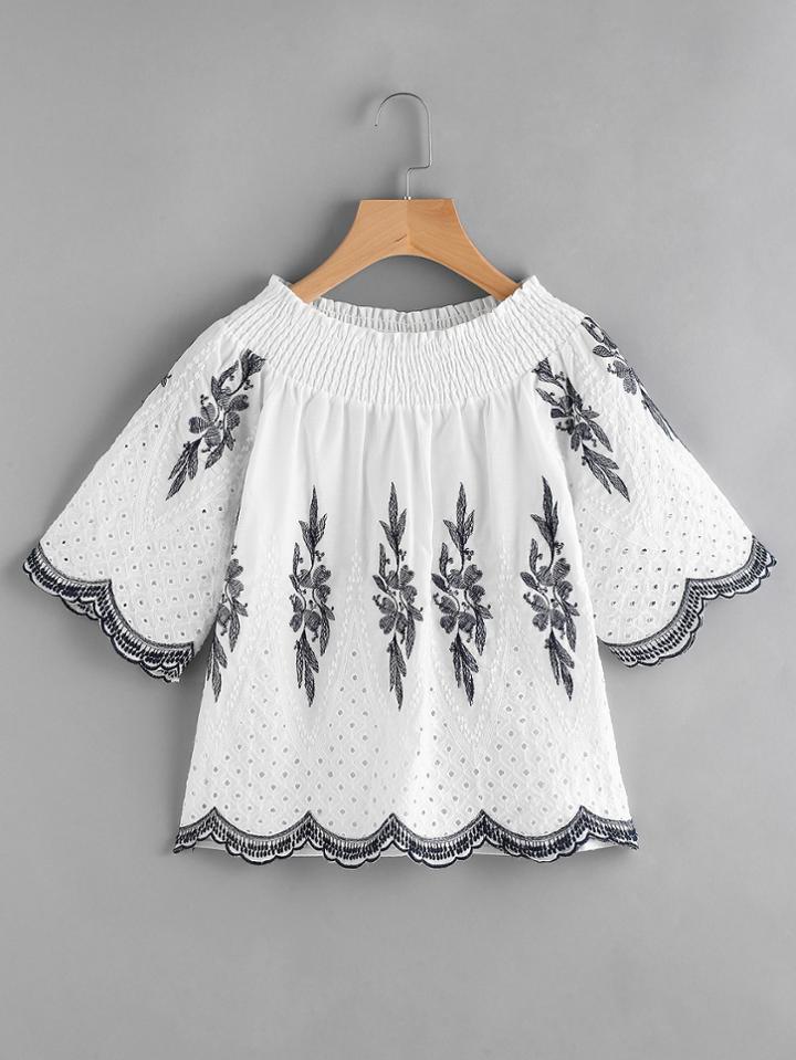 Romwe Shirred Neck Eyelet Embroidered Scallop Hem Blouse