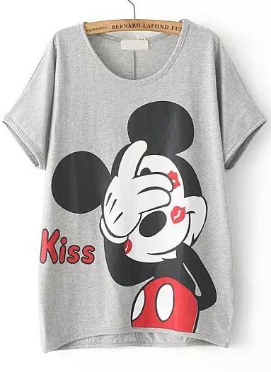 Romwe Grey Short Sleeve Kiss Mickey Print T-shirt
