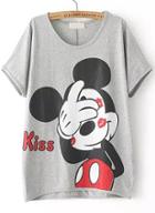 Romwe Grey Short Sleeve Kiss Mickey Print T-shirt