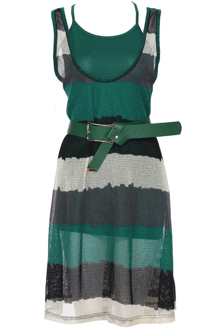 Romwe Romwe Color Block Green Sleeveless Two-pieced Dress