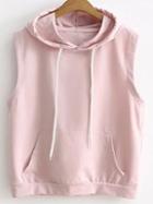 Romwe Pink Drawstring Hooded Vest With Pocket