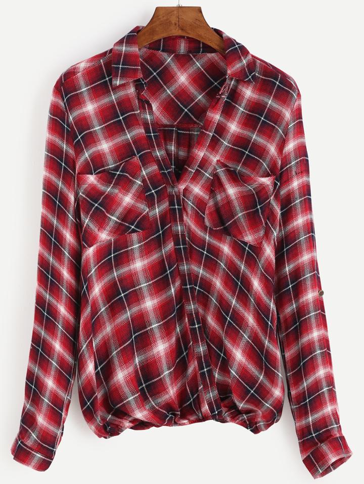 Romwe Red Plaid Elastic Hem Blouse