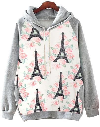 Romwe Hooded Tower Eiffel Floral Print Sweatshirt