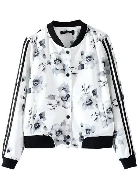 Romwe White Floral Print Striped Sleeve Jacket