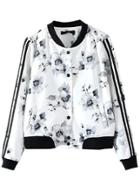 Romwe White Floral Print Striped Sleeve Jacket