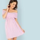 Romwe Cross Wrap Smocked Vertical Striped Bardot Dress