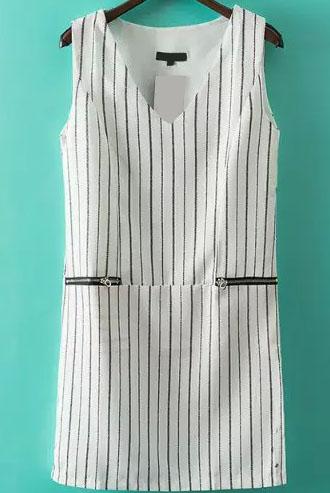 Romwe V Neck With Zipper Vertical Striped Dress