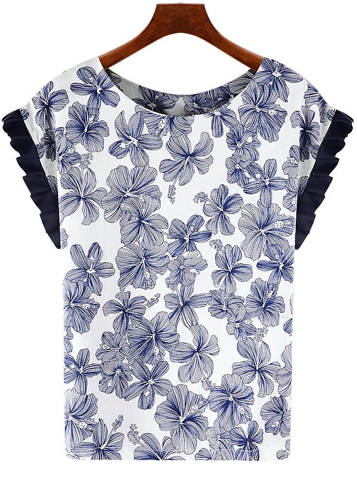 Romwe Fungus Bat Sleeve Flower Print Blue Top