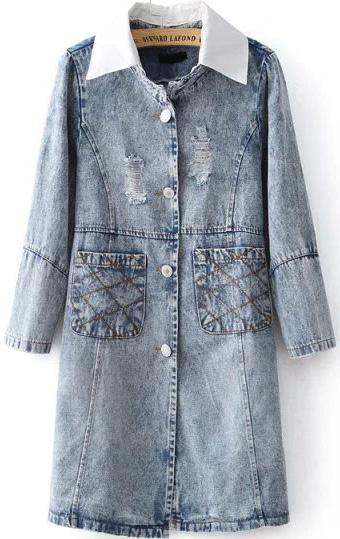 Romwe Contrast Collar Bleached Ripped With Pockets Coat
