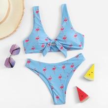 Romwe Flamingos Print Knot Front Bikini Set