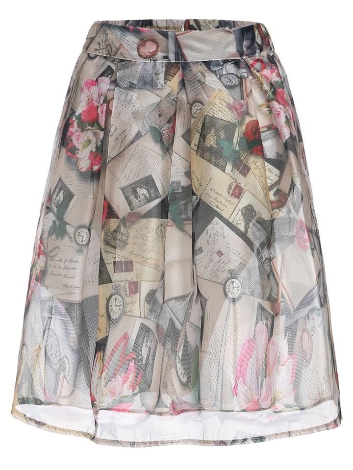 Romwe Vintage Print Box-pleated Skirt