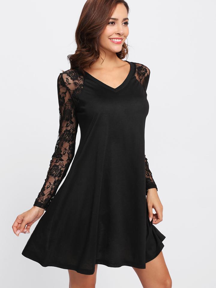 Romwe V Neckline Raglan Lace Sleeve Swing Dress