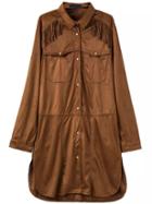 Romwe Lapel Fringe Suede Khaki Shirt Dress With Pockets
