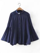 Romwe Navy Buttons Front Bell Sleeve Shift Blouse
