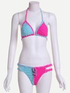Romwe Color Block Halter Crochet Strappy Bikini Set