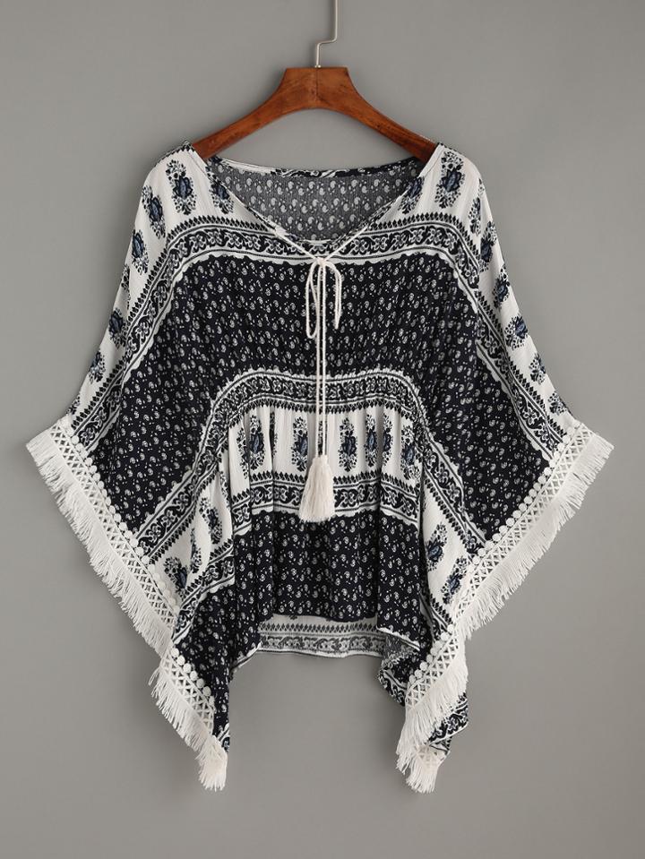 Romwe Black Flower Print Crochet Fringe Trim Poncho Blouse