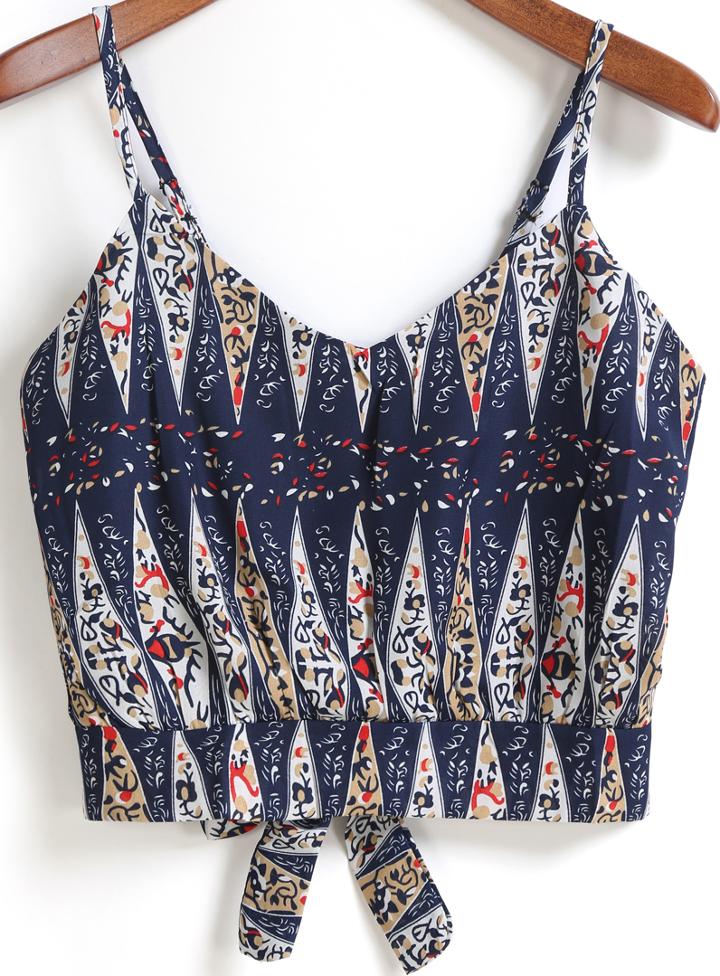 Romwe Blue Spaghetti Strap Tribal Print Bow Cami Top
