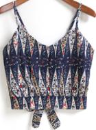 Romwe Blue Spaghetti Strap Tribal Print Bow Cami Top