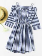 Romwe Open Shoulder Foldover Stripe Dip Hem Dress