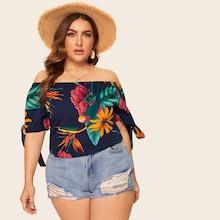 Romwe Plus Leaf Print Knot Cuff Blouse