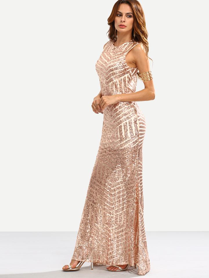 Romwe Rose Gold Sequins Embedded Cut Out Back Mermaid Dress