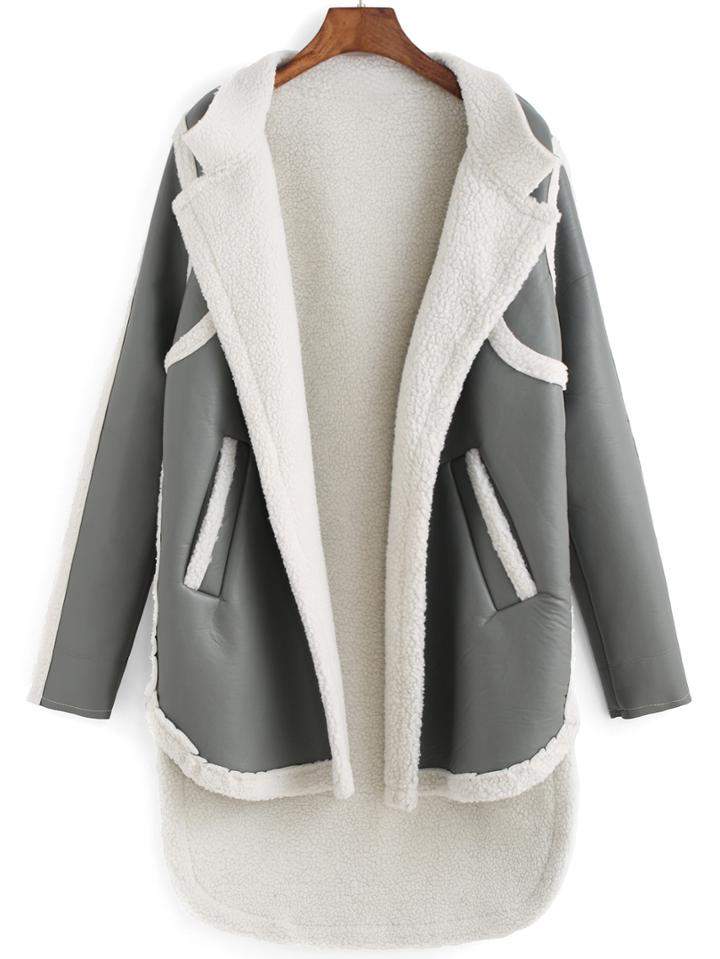 Romwe Lapel Dip Hem Pu Coat