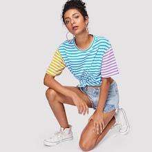 Romwe Colorblock Striped Print Tee