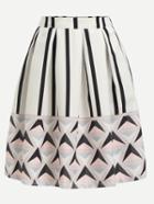 Romwe White Geometric Print Box Pleated Skirt