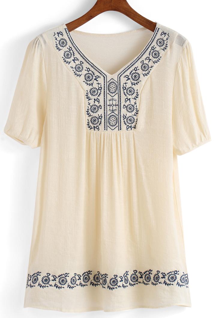 Romwe V Neck Embroidered Shift Dress