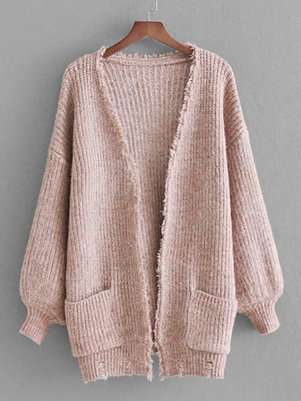 Romwe Raw Trim Lantern Sleeve Cardigan