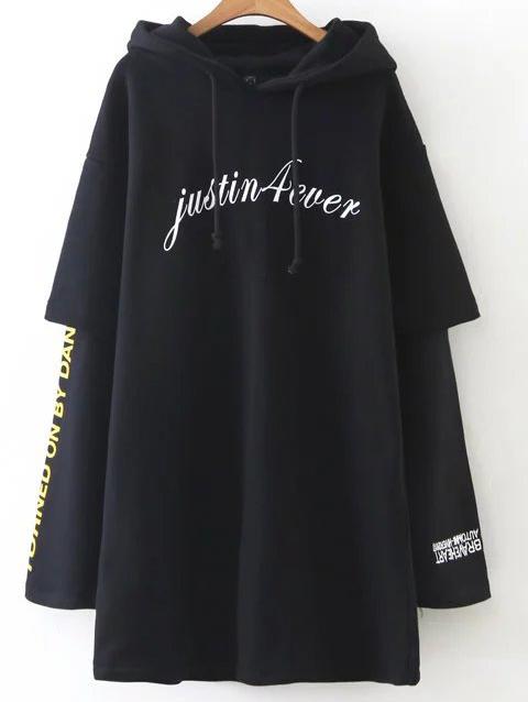 Romwe Black Letter Printed 2 In 1 Hooded Sweatshirt