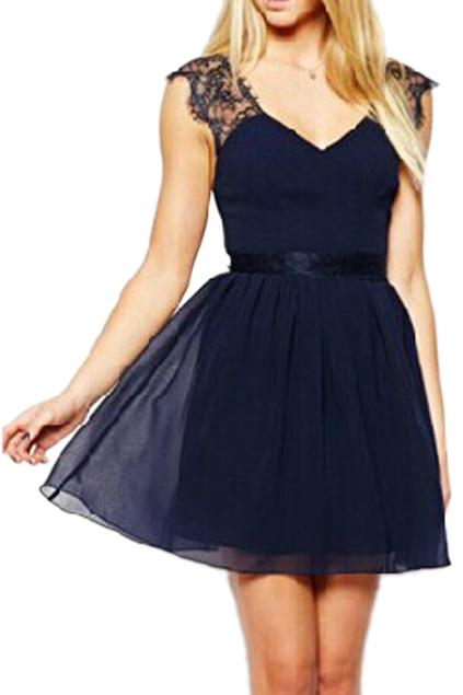 Romwe Romwe Lace Panel V-neck Pleated Backless Blue Dress