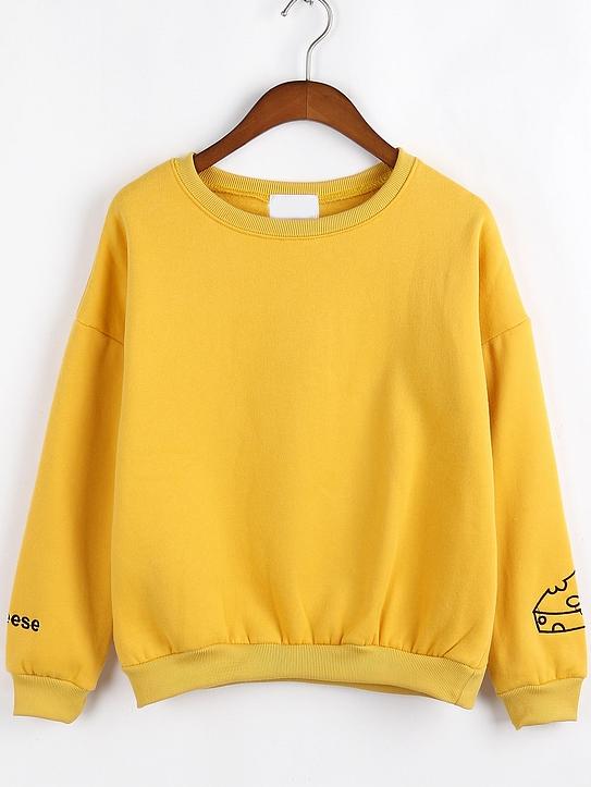 Romwe Women Pizza Embroidered Yellow Sweatshirt