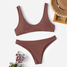 Romwe Scoop Neck Top With Low Rise Bikini Set